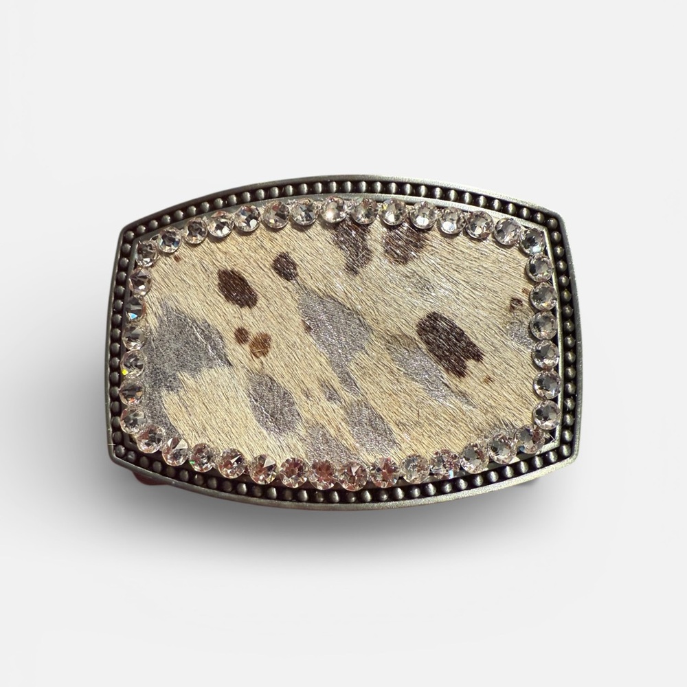 Genuine Hair On Hide Print Crystal-Studded Belt Buckle